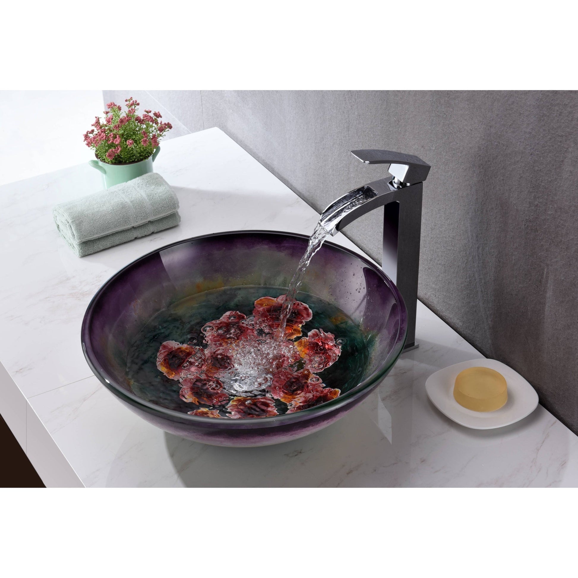 ANZZI Impasto Series 17" x 17" Round Purple Painted Mural Vessel Sink With Polished Chrome Pop-Up Drain