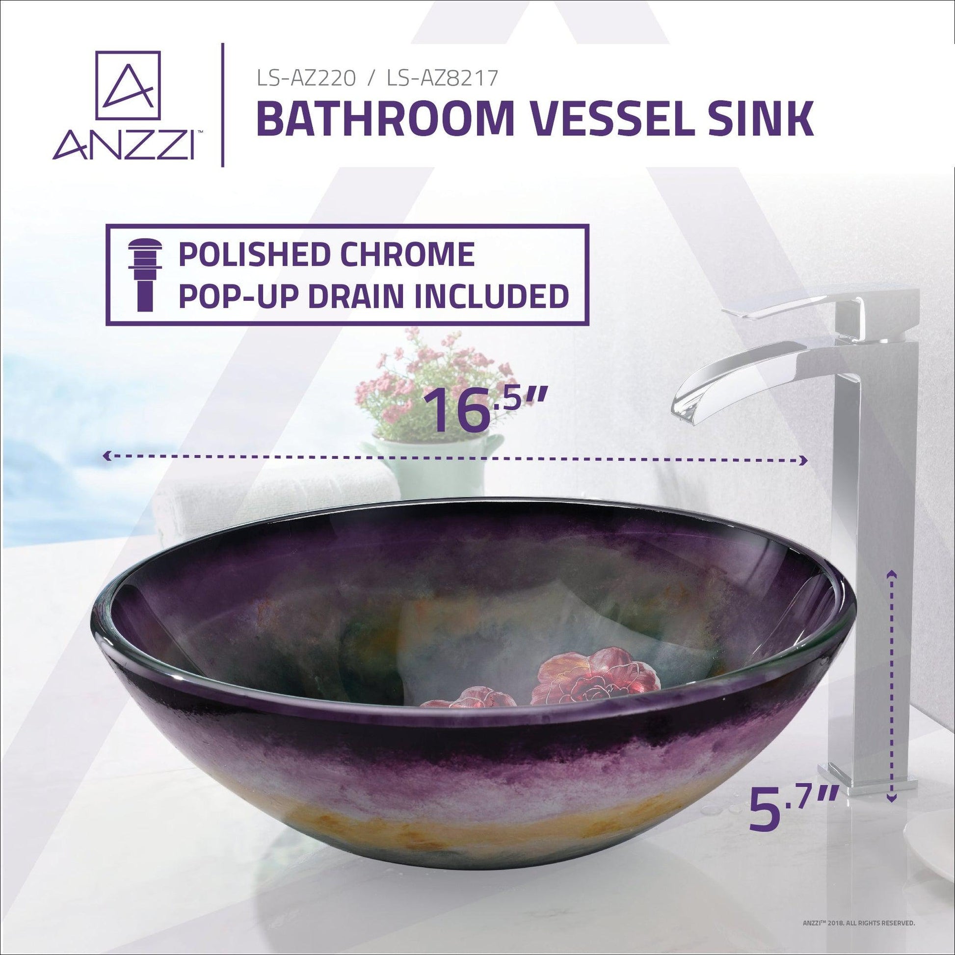 ANZZI Impasto Series 17" x 17" Round Purple Painted Mural Vessel Sink With Polished Chrome Pop-Up Drain