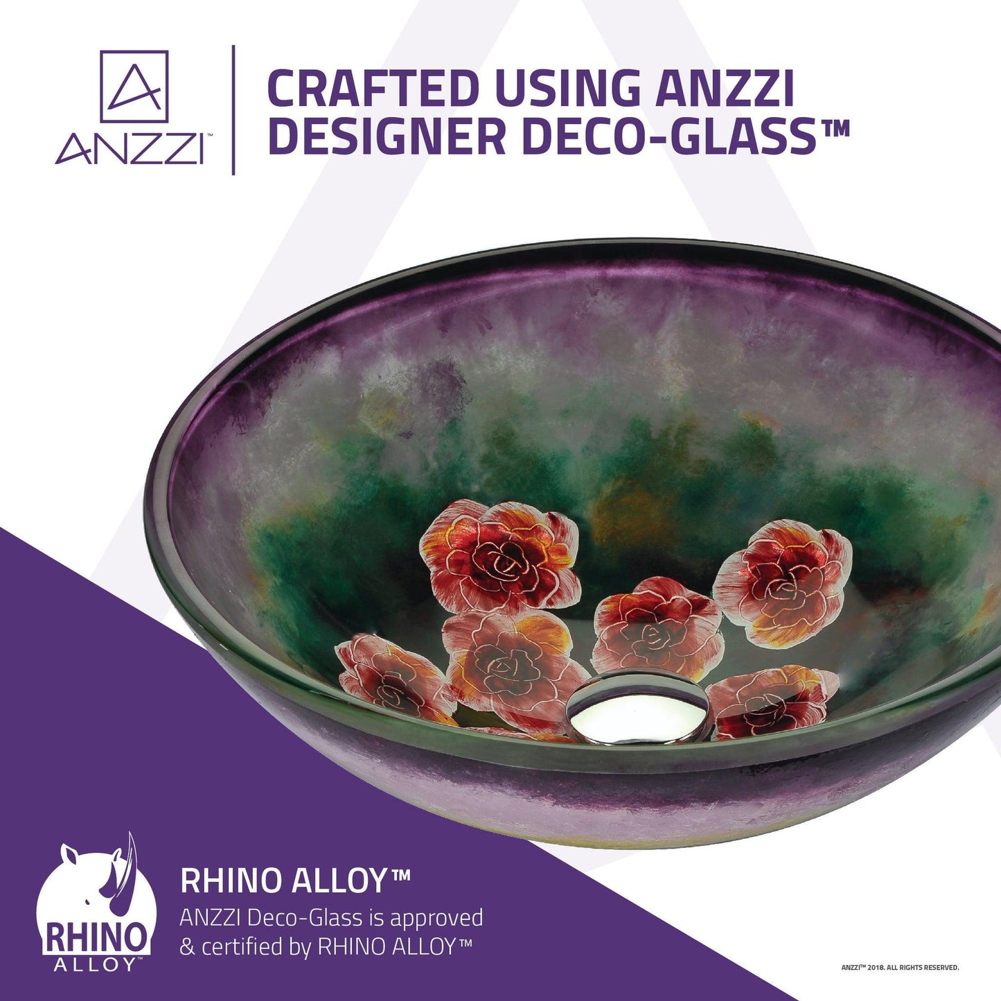 ANZZI Impasto Series 17" x 17" Round Purple Painted Mural Vessel Sink With Polished Chrome Pop-Up Drain