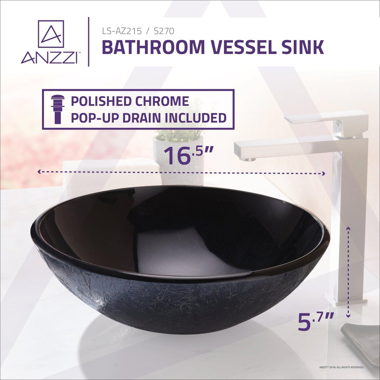 ANZZI Jonas Series 17" x 17" Round Arctic Sheer Deco-Glass Vessel Sink With Polished Chrome Pop-Up Drain