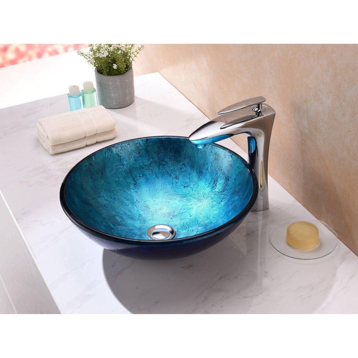 ANZZI Jonas Series 17" x 17" Round Frosted Blue Deco-Glass Vessel Sink With Polished Chrome Pop-Up Drain