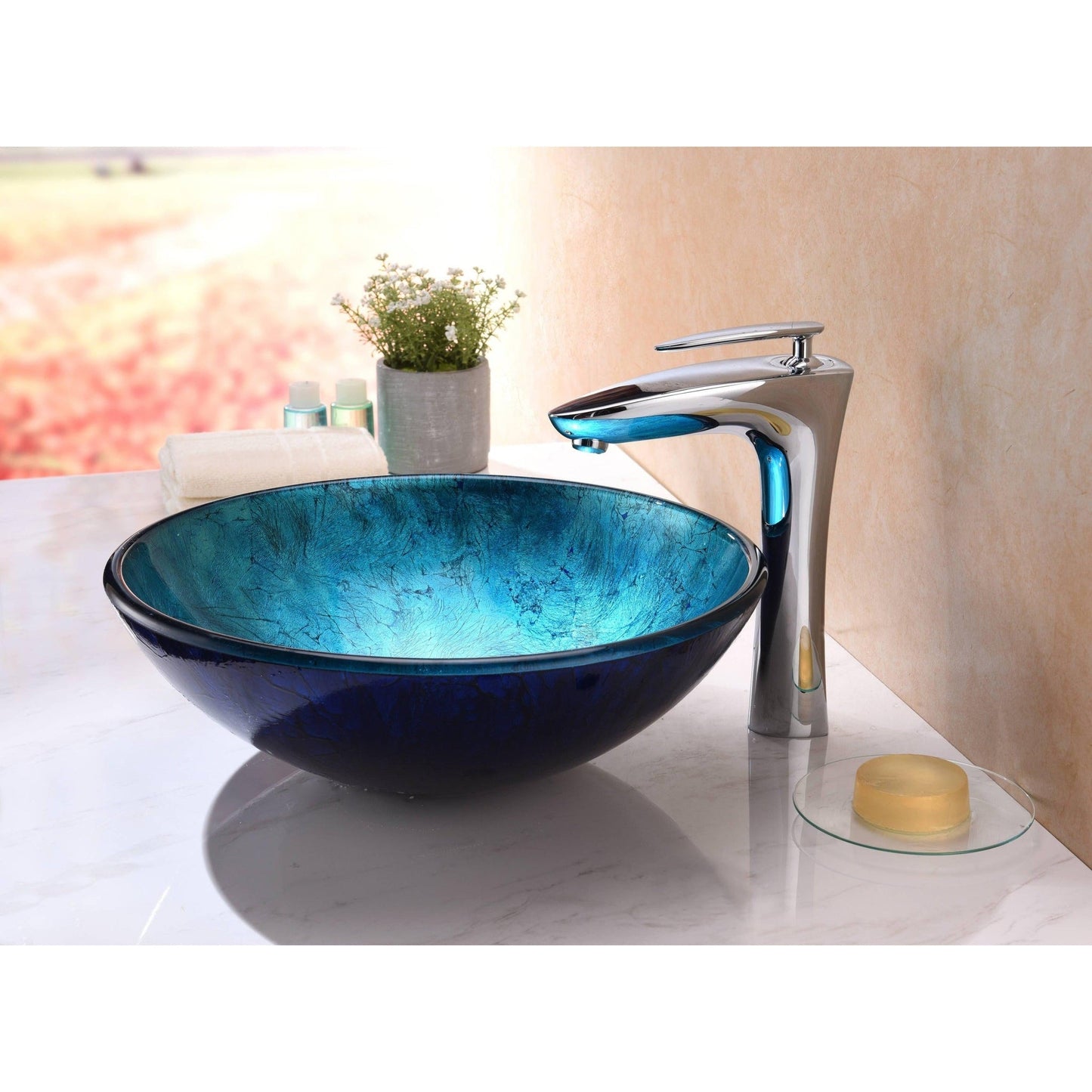 ANZZI Jonas Series 17" x 17" Round Frosted Blue Deco-Glass Vessel Sink With Polished Chrome Pop-Up Drain