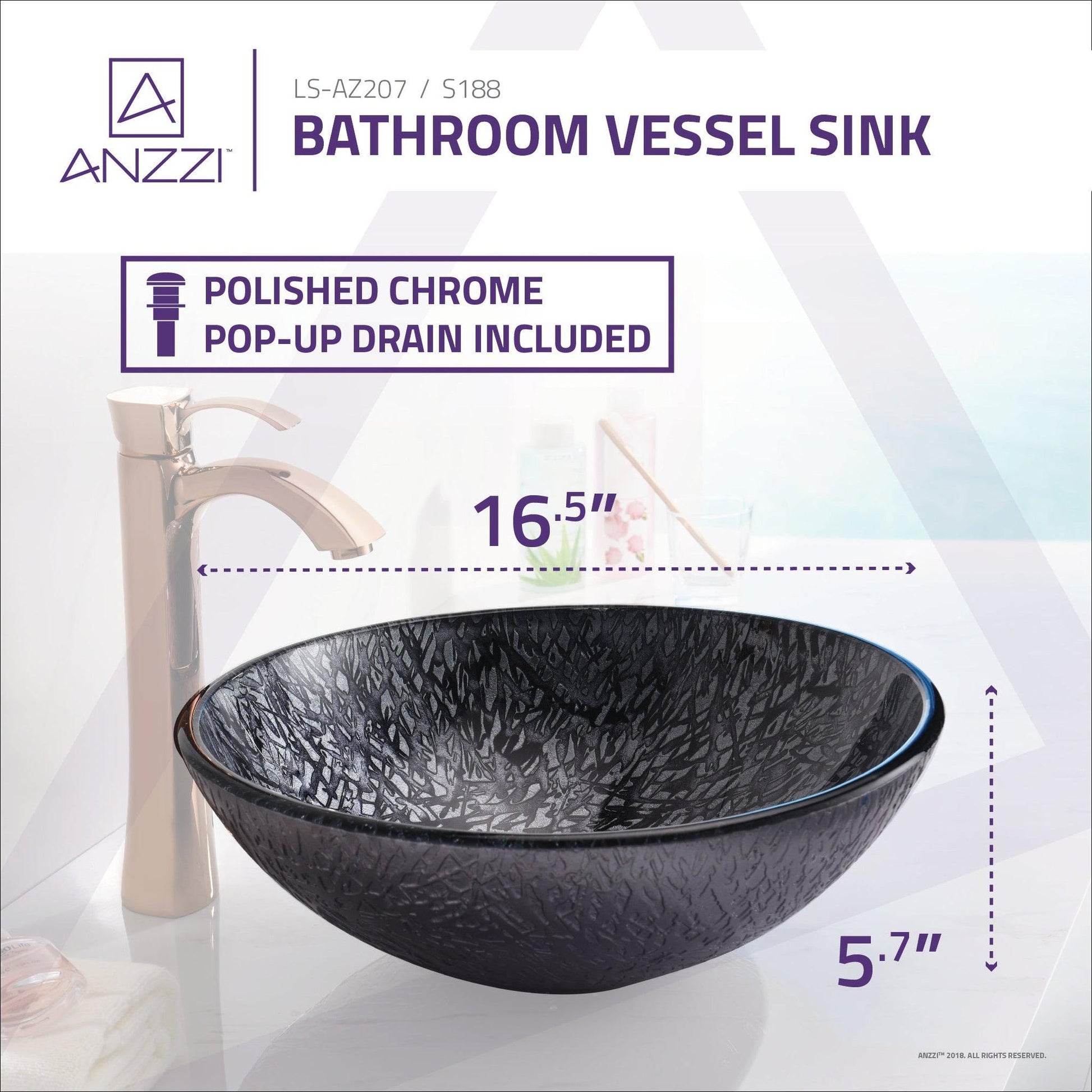 ANZZI Jonas Series 17" x 17" Round Gray Deco-Glass Vessel Sink With Polished Chrome Pop-Up Drain