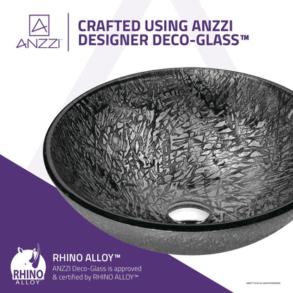 ANZZI Jonas Series 17" x 17" Round Gray Deco-Glass Vessel Sink With Polished Chrome Pop-Up Drain