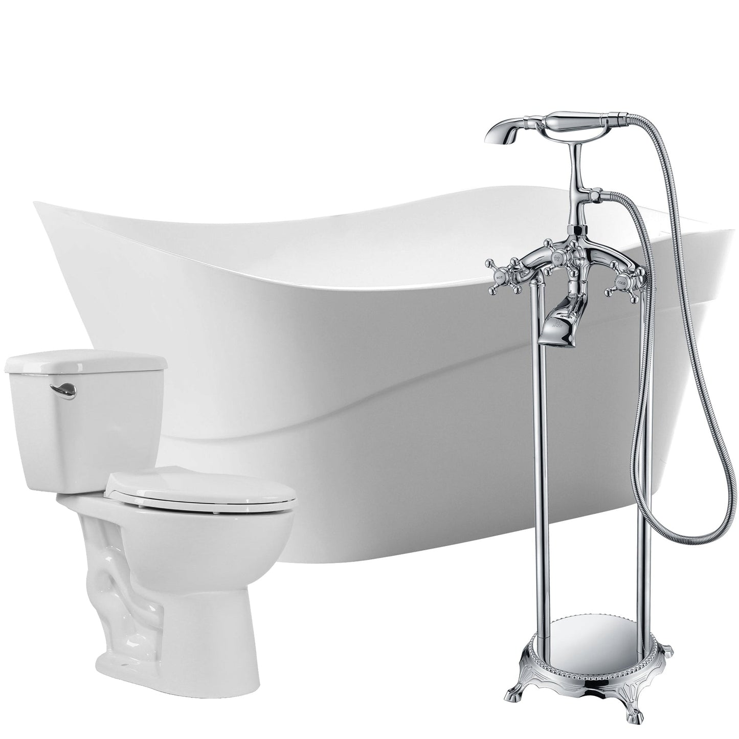 ANZZI Kahl Series 67" x 32" Glossy White Freestanding Bathtub With Tugela Bathtub Faucet and Cavalier Toilet