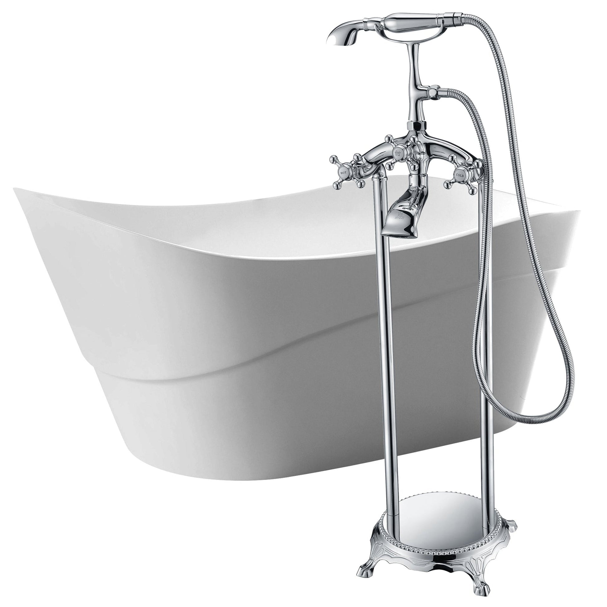 ANZZI Kahl Series 67" x 32" Glossy White Freestanding Glossy White Bathtub With Built-In Overflow, Pop Up Drain and Tugela Bathtub Faucet