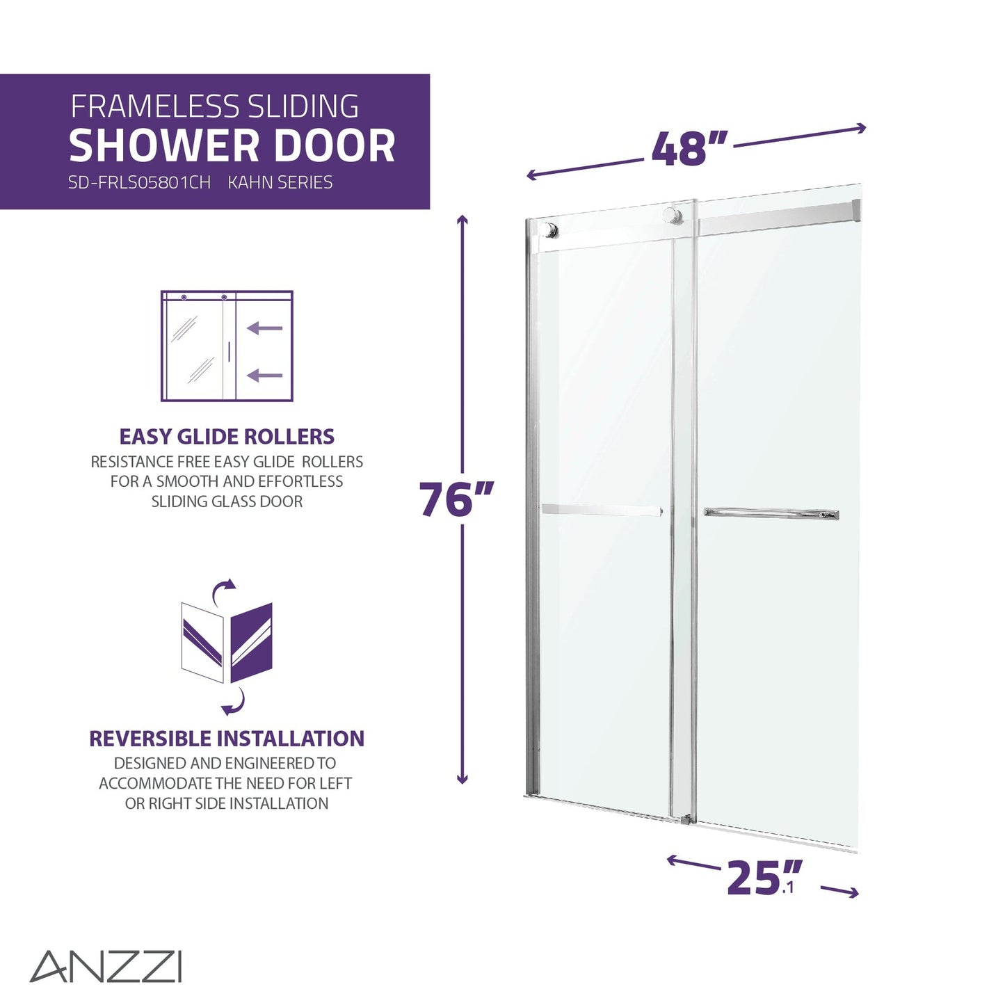 ANZZI Kahn Series 48" x 76" Frameless Rectangular Brushed Nickel Sliding Shower Door With Handle and Tsunami Guard