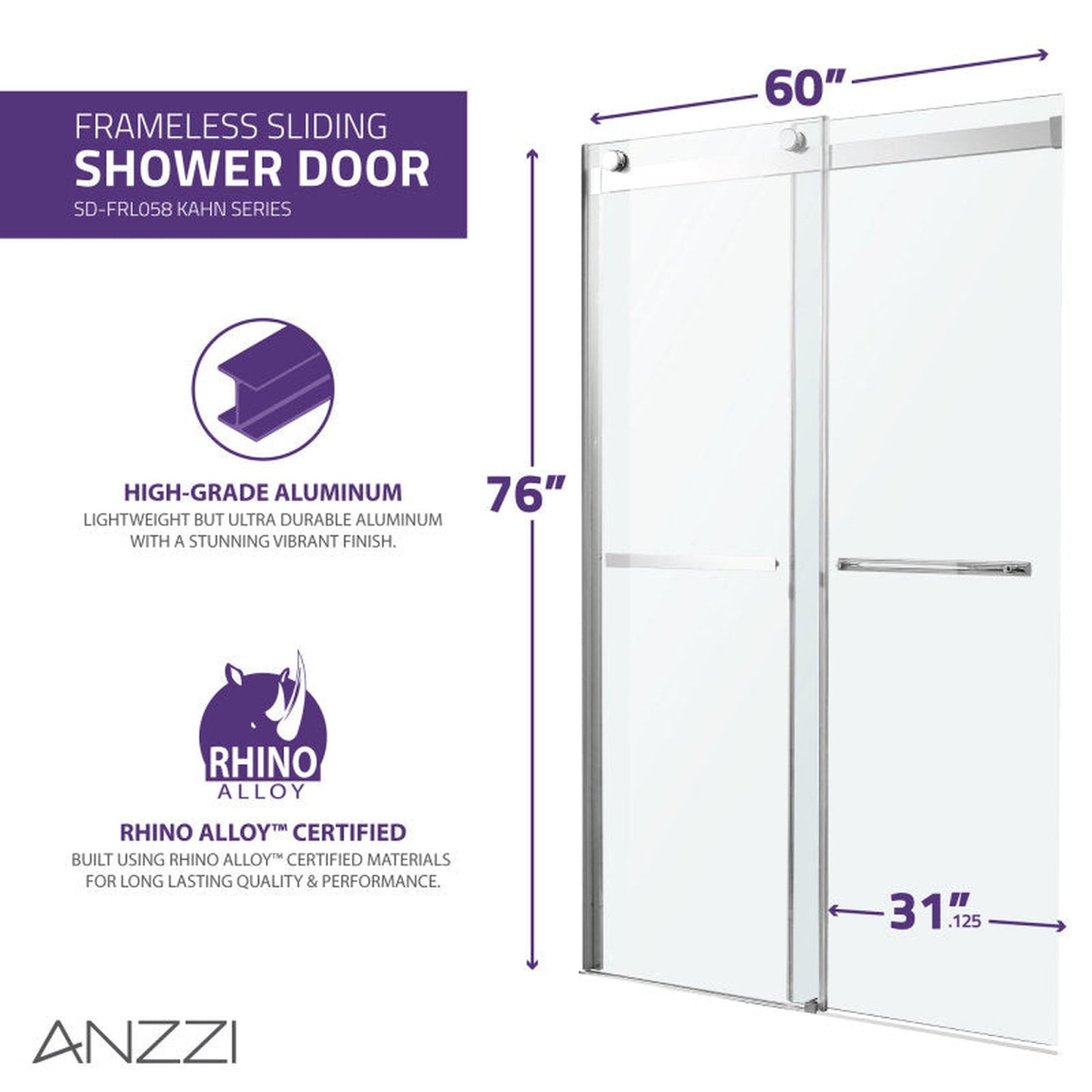 ANZZI Kahn Series 60" x 76" Frameless Rectangular Brushed Nickel Sliding Shower Door With Handle and Tsunami Guard