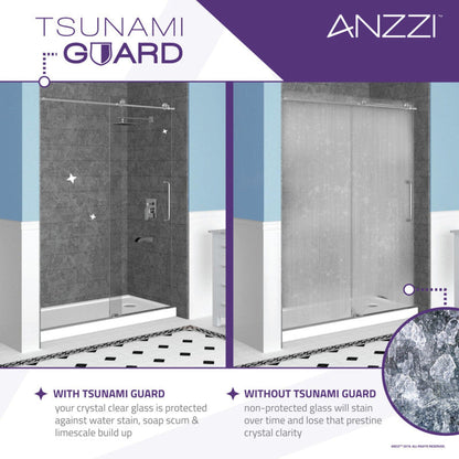ANZZI Kahn Series 60" x 76" Frameless Rectangular Brushed Nickel Sliding Shower Door With Handle and Tsunami Guard