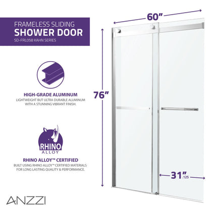 ANZZI Kahn Series 60" x 76" Frameless Rectangular Polished Chrome Sliding Shower Door With Handle and Tsunami Guard
