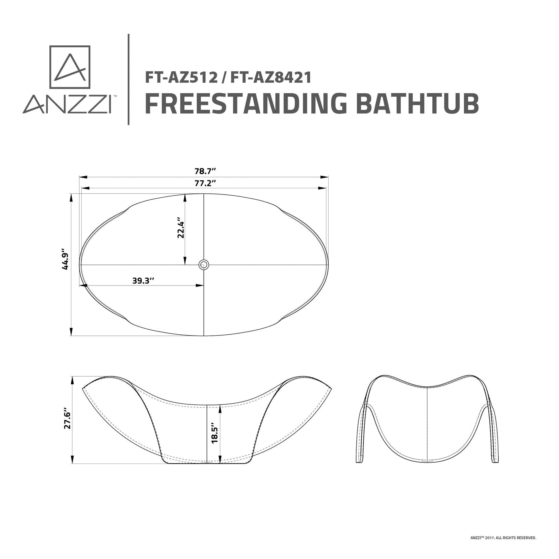 ANZZI Kerife Series 79" x 45" Freestanding Matte White Bathtub With Pop-Up Drain