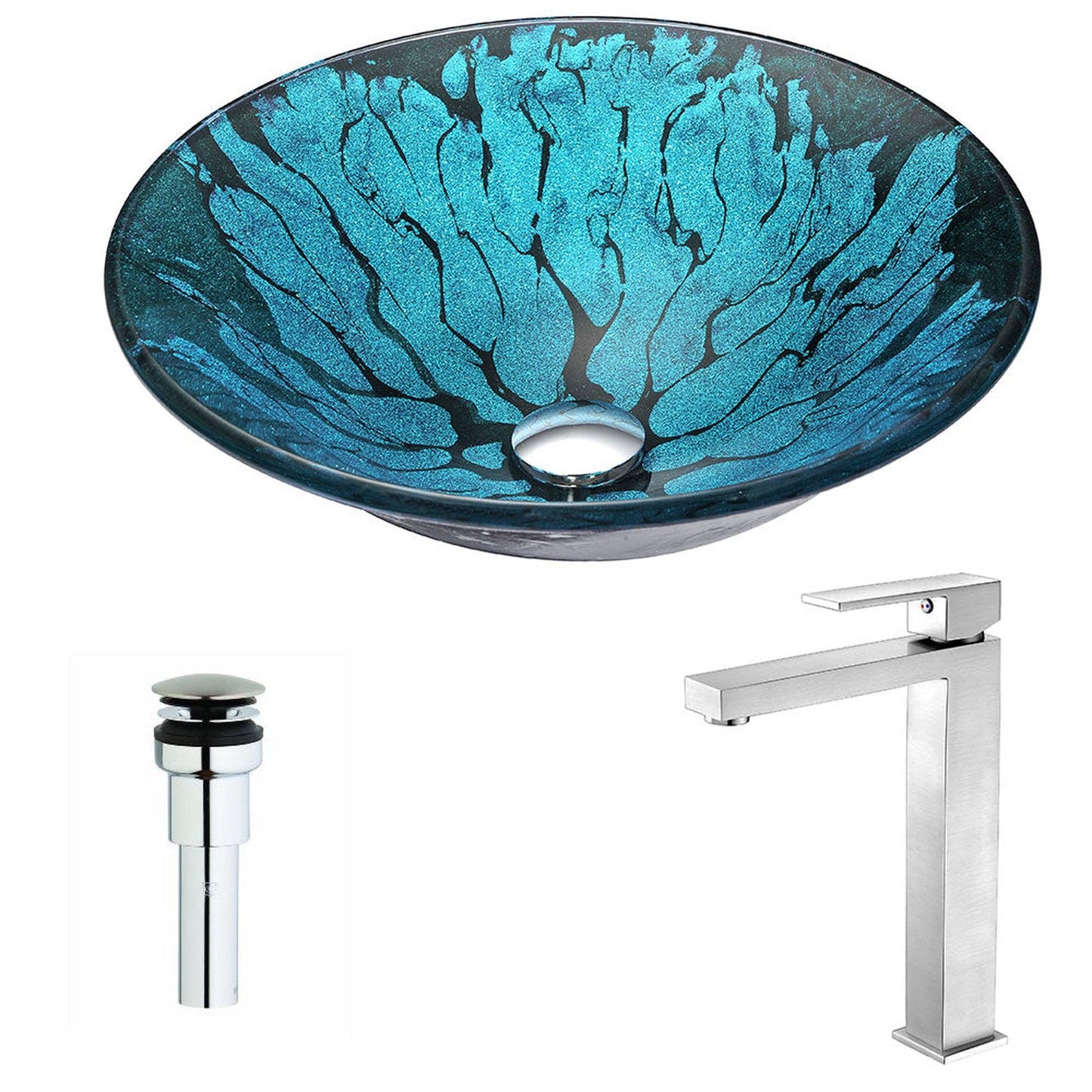 ANZZI Key Series 17" x 17" Round Lustrous Blue and Black Deco-Glass Vessel Sink With Chrome Pop-Up Drain and Brushed Nickel Enti Faucet