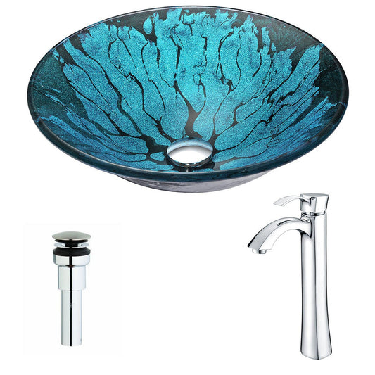 ANZZI Key Series 17" x 17" Round Lustrous Blue and Black Deco-Glass Vessel Sink With Chrome Pop-Up Drain and Brushed Nickel Harmony Faucet