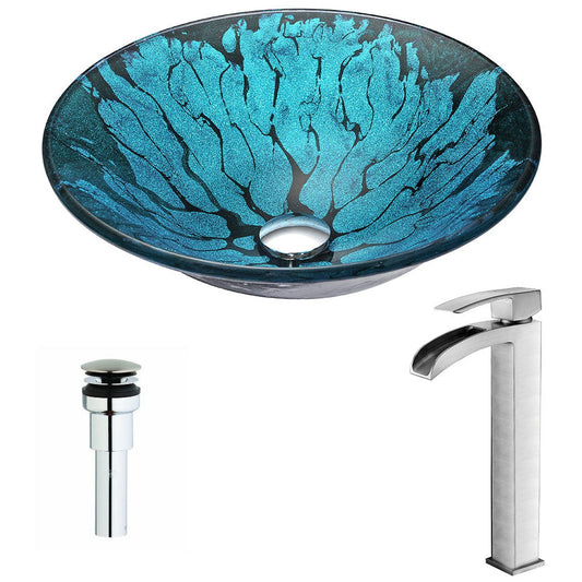 ANZZI Key Series 17" x 17" Round Lustrous Blue and Black Deco-Glass Vessel Sink With Chrome Pop-Up Drain and Brushed Nickel Key Faucet