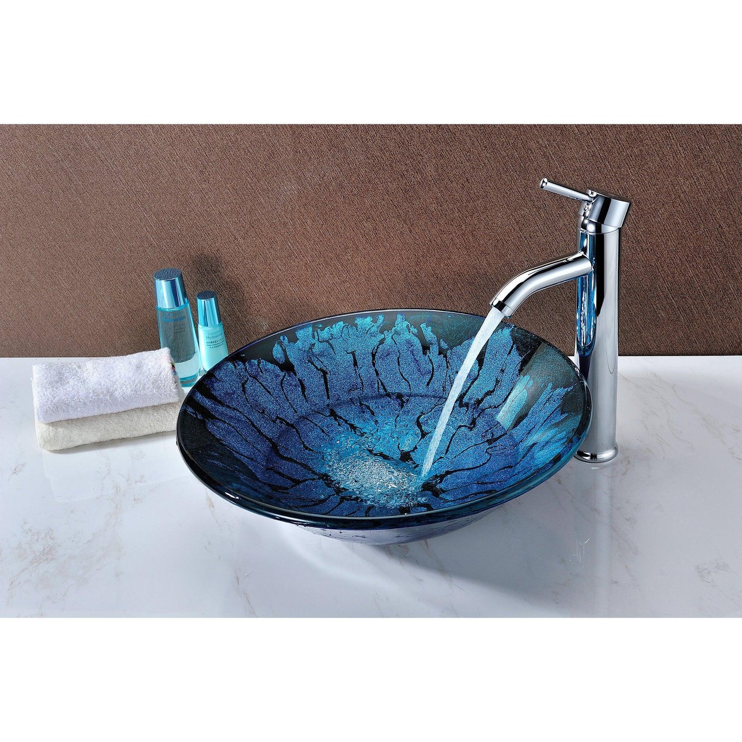 ANZZI Key Series 17" x 17" Round Lustrous Blue and Black Deco-Glass Vessel Sink With Polished Chrome Pop-Up Drain