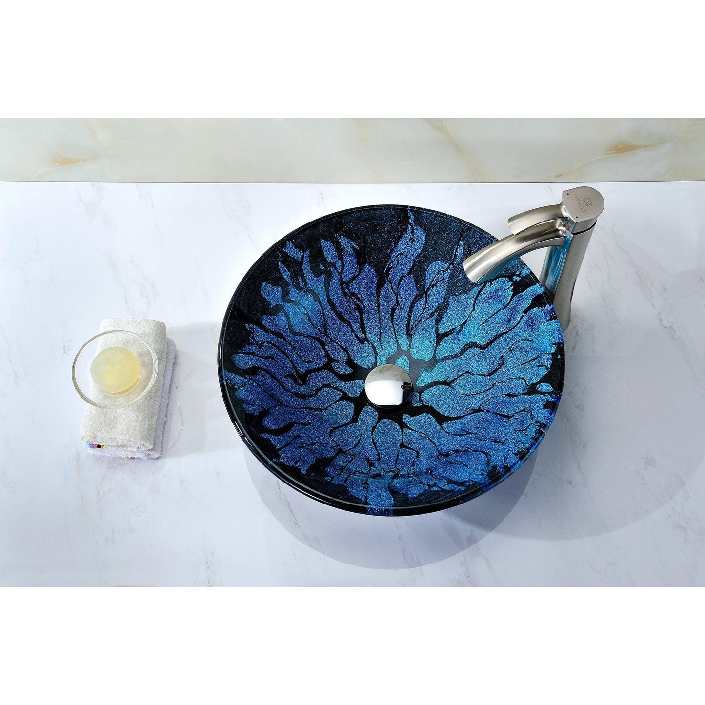 ANZZI Key Series 17" x 17" Round Lustrous Blue and Black Deco-Glass Vessel Sink With Polished Chrome Pop-Up Drain