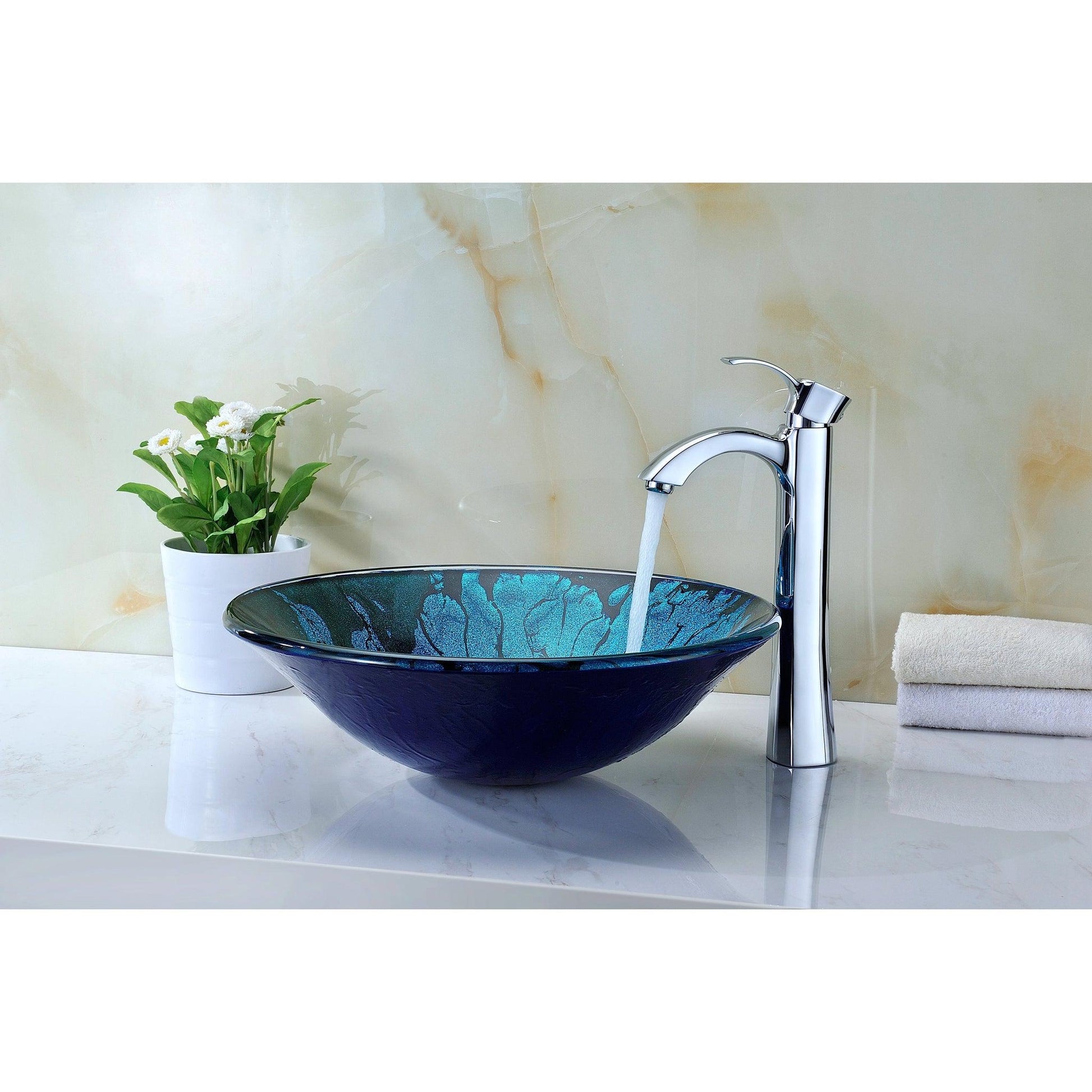 ANZZI Key Series 17" x 17" Round Lustrous Blue and Black Deco-Glass Vessel Sink With Polished Chrome Pop-Up Drain