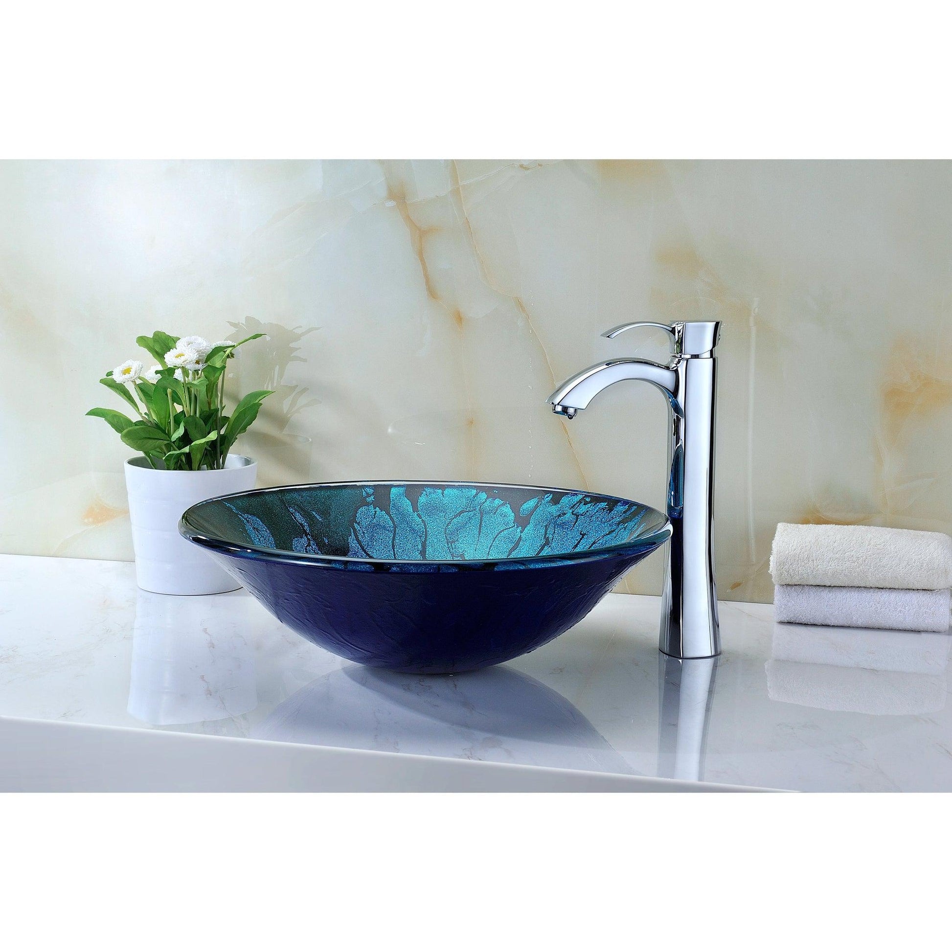 ANZZI Key Series 17" x 17" Round Lustrous Blue and Black Deco-Glass Vessel Sink With Polished Chrome Pop-Up Drain