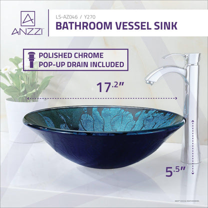 ANZZI Key Series 17" x 17" Round Lustrous Blue and Black Deco-Glass Vessel Sink With Polished Chrome Pop-Up Drain