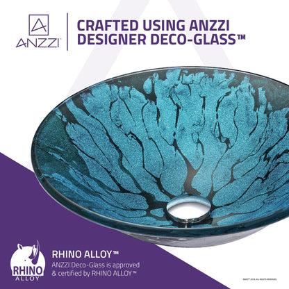 ANZZI Key Series 17" x 17" Round Lustrous Blue and Black Deco-Glass Vessel Sink With Polished Chrome Pop-Up Drain