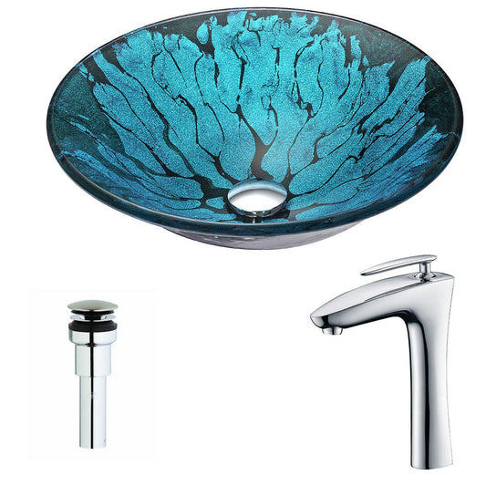 ANZZI Key Series 17" x 17" Round Lustrous Blue and Black Deco-Glass Vessel Sink With Polished Chrome Pop-Up Drain and Fann Faucet