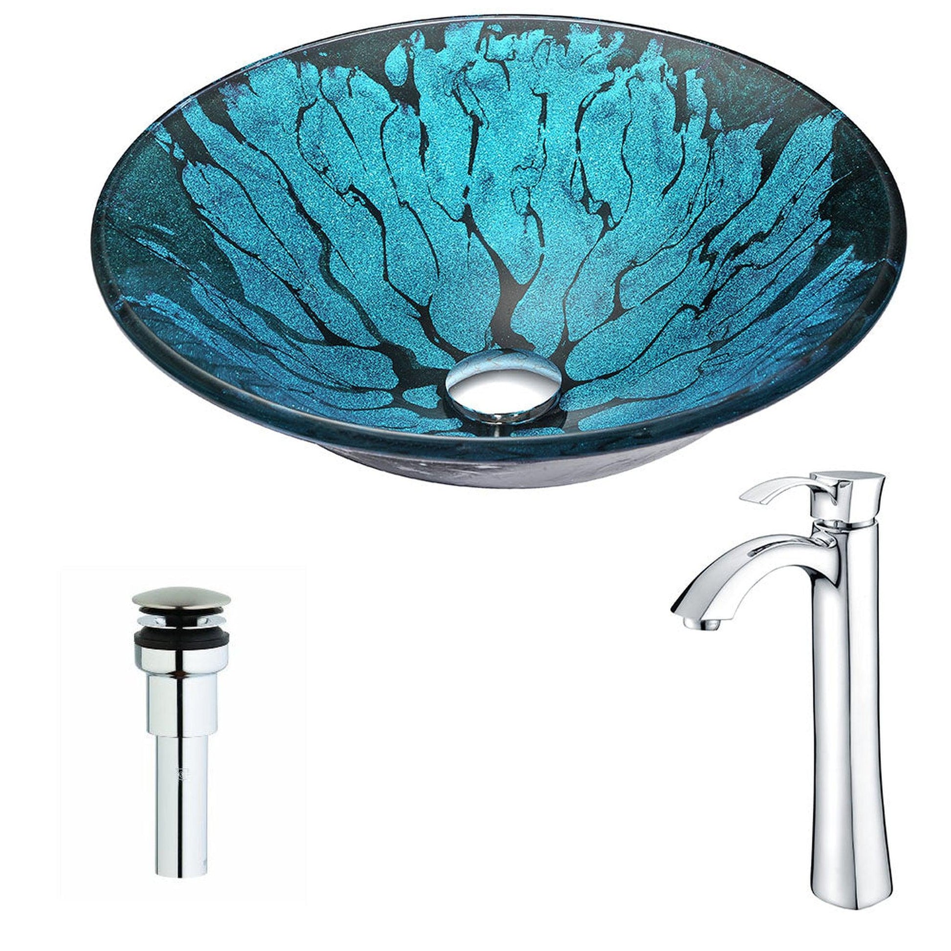 ANZZI Key Series 17" x 17" Round Lustrous Blue and Black Deco-Glass Vessel Sink With Polished Chrome Pop-Up Drain and Harmony Faucet