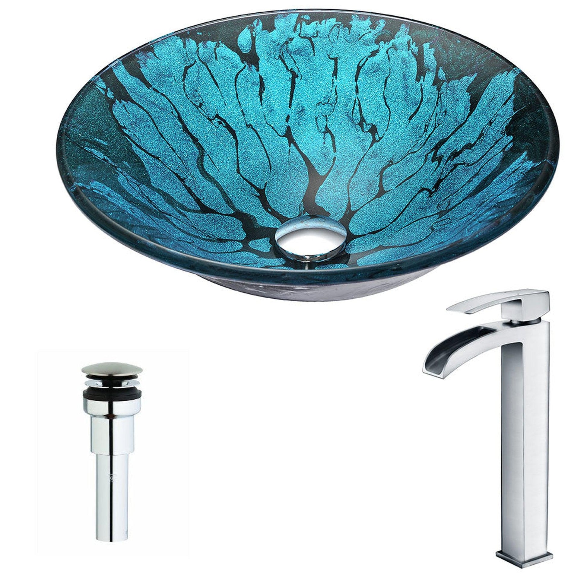 ANZZI Key Series 17" x 17" Round Lustrous Blue and Black Deco-Glass Vessel Sink With Polished Chrome Pop-Up Drain and Key Faucet