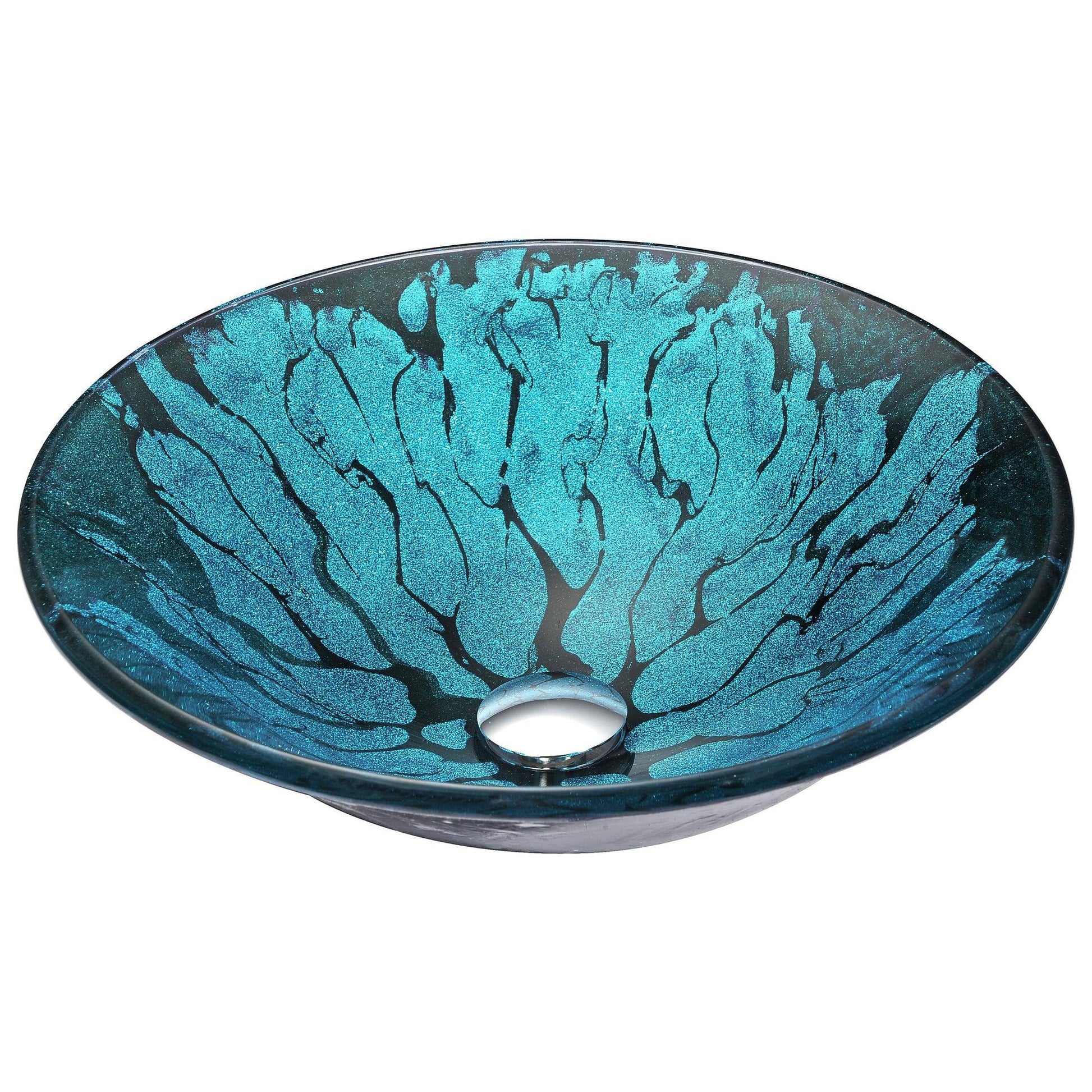 ANZZI Key Series 17" x 17" Round Lustrous Blue and Black Deco-Glass Vessel Sink With Polished Chrome Pop-Up Drain