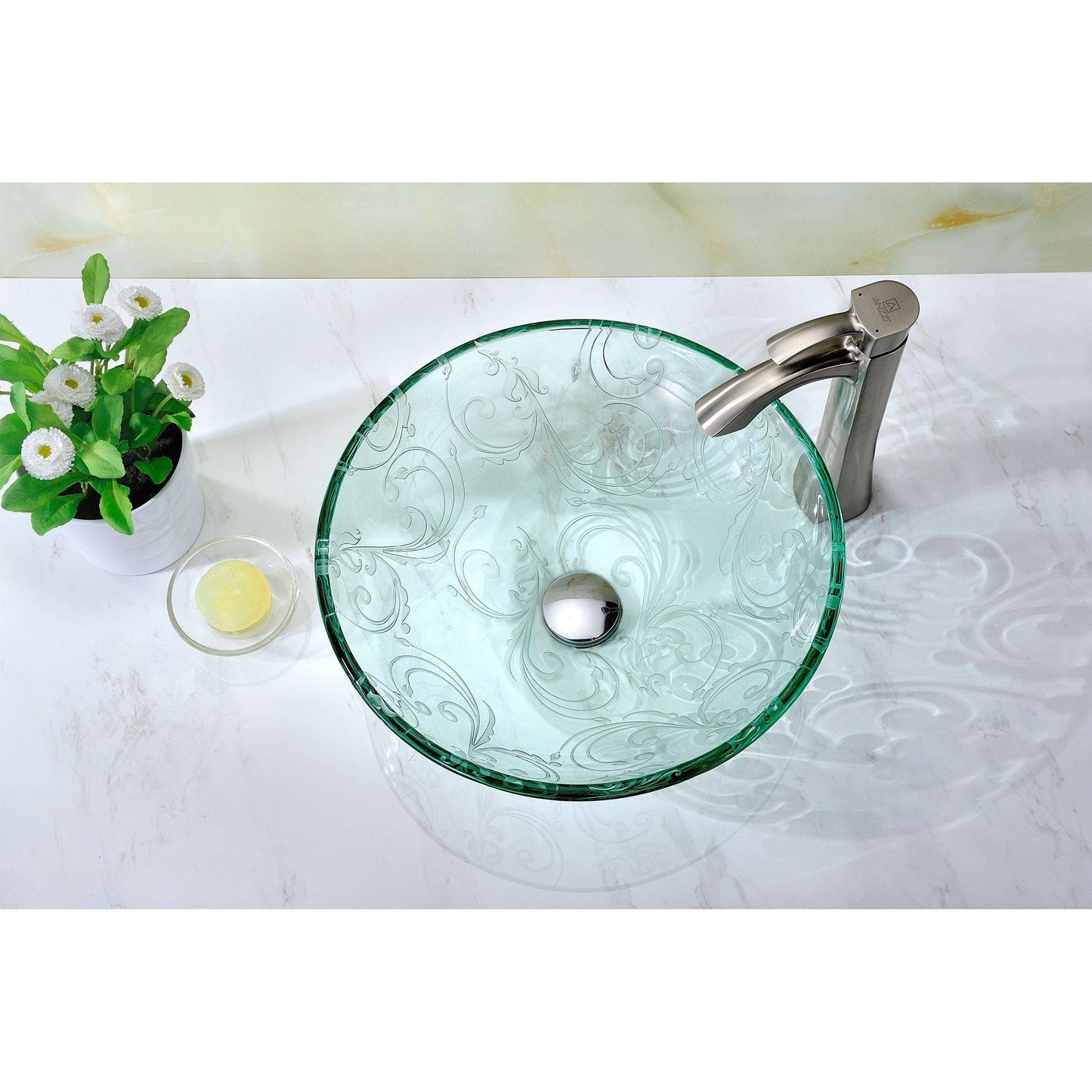 ANZZI Kolokiki Series 17" x 17" Round Crystal Clear Deco-Glass Vessel Sink With Polished Chrome Pop-Up Drain