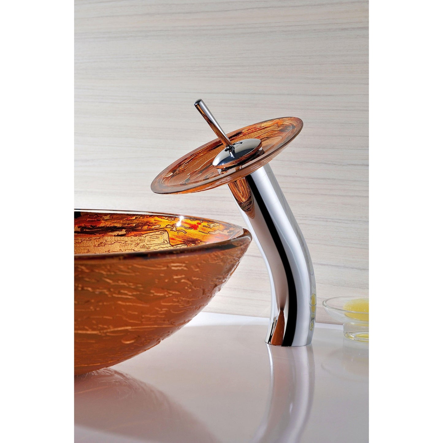 ANZZI Komaru Series 17" x 17" Round Lustrous Brown Deco-Glass Vessel Sink With Polished Chrome Pop-Up Drain and Waterfall Faucet