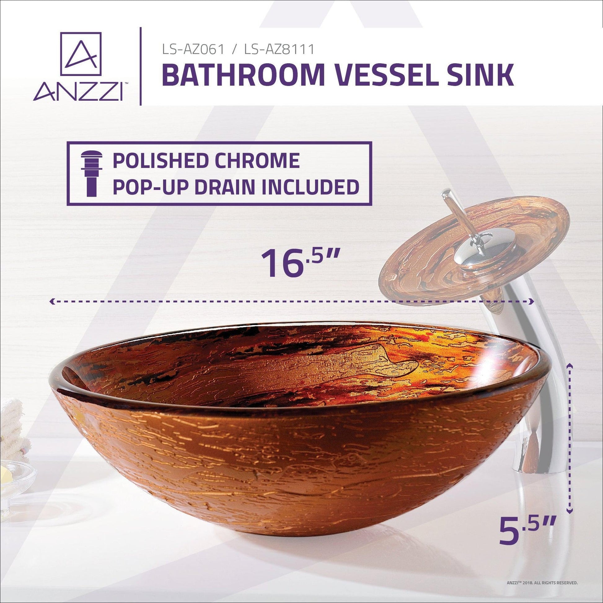 ANZZI Komaru Series 17" x 17" Round Lustrous Brown Deco-Glass Vessel Sink With Polished Chrome Pop-Up Drain and Waterfall Faucet
