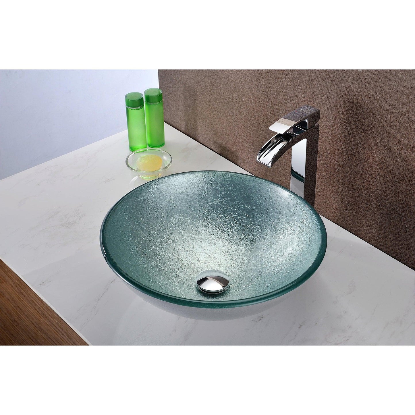 ANZZI Komupau Series 17" x 17" Round Churning Silver Deco-Glass Vessel Sink With Polished Chrome Pop-Up Drain