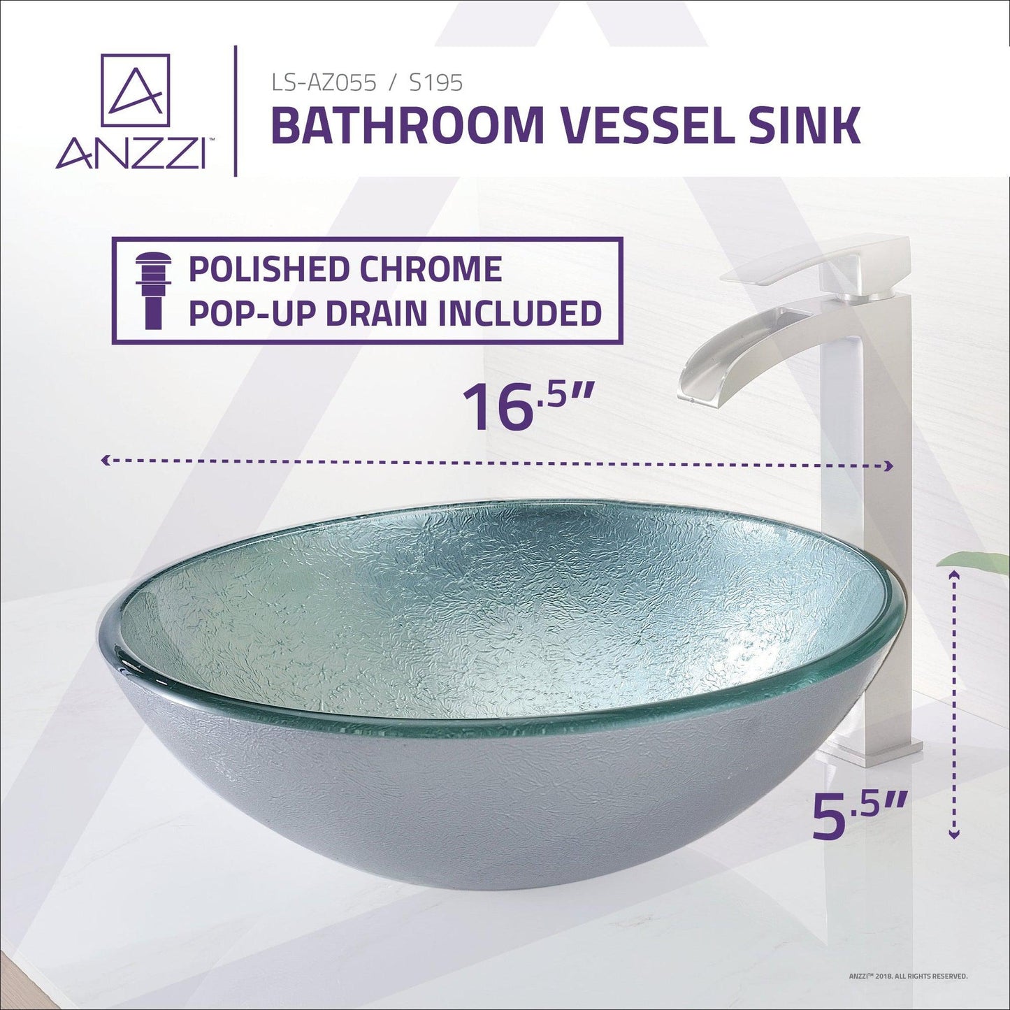 ANZZI Komupau Series 17" x 17" Round Churning Silver Deco-Glass Vessel Sink With Polished Chrome Pop-Up Drain