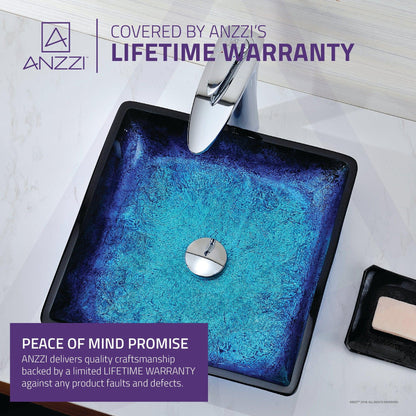 ANZZI Kuku Series 16" x 16" Square Shape Blazing Blue Deco-Glass Vessel Sink With Polished Chrome Pop-Up Drain