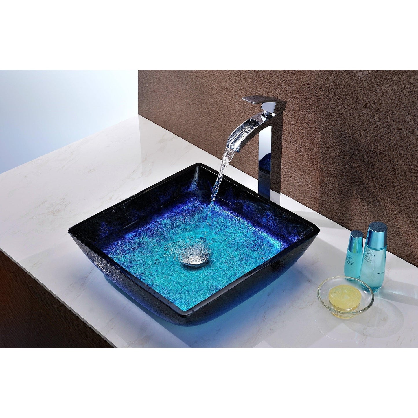 ANZZI Kuku Series 16" x 16" Square Shape Blazing Blue Deco-Glass Vessel Sink With Polished Chrome Pop-Up Drain