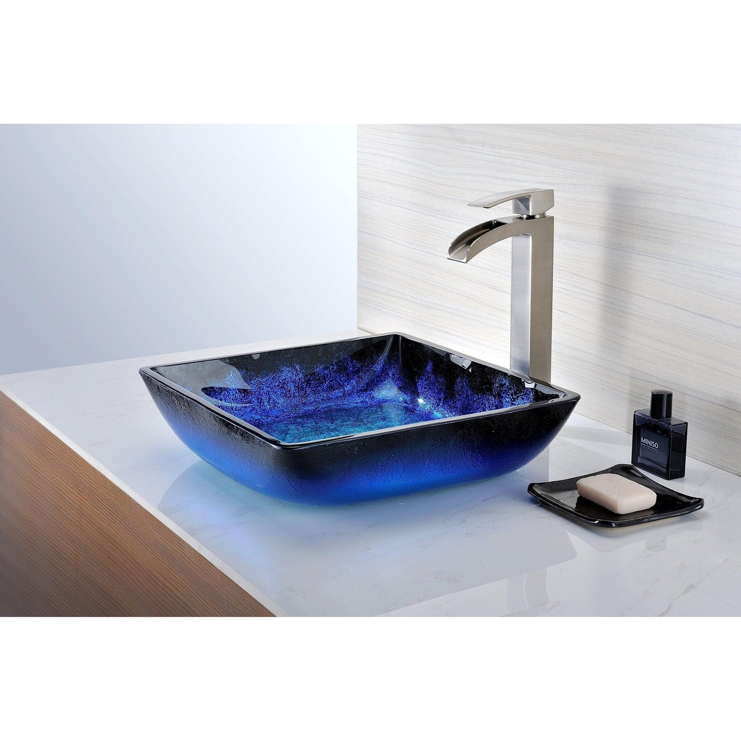 ANZZI Kuku Series 16" x 16" Square Shape Blazing Blue Deco-Glass Vessel Sink With Polished Chrome Pop-Up Drain