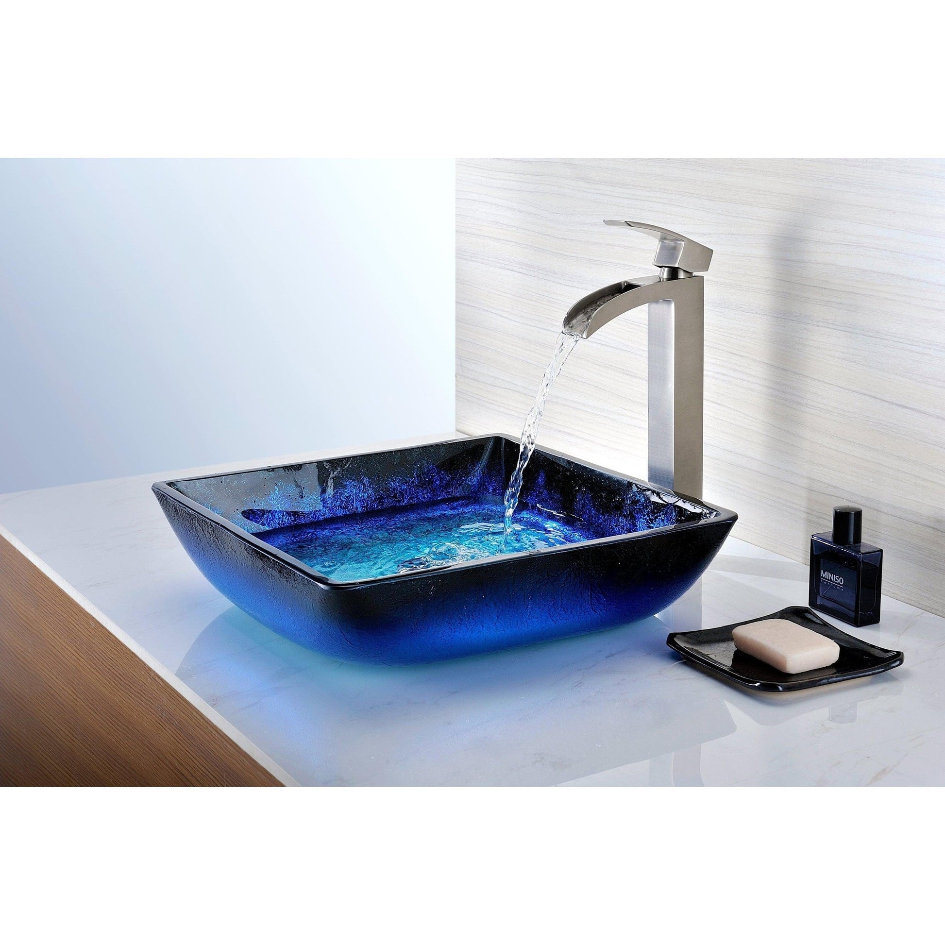 ANZZI Kuku Series 16" x 16" Square Shape Blazing Blue Deco-Glass Vessel Sink With Polished Chrome Pop-Up Drain