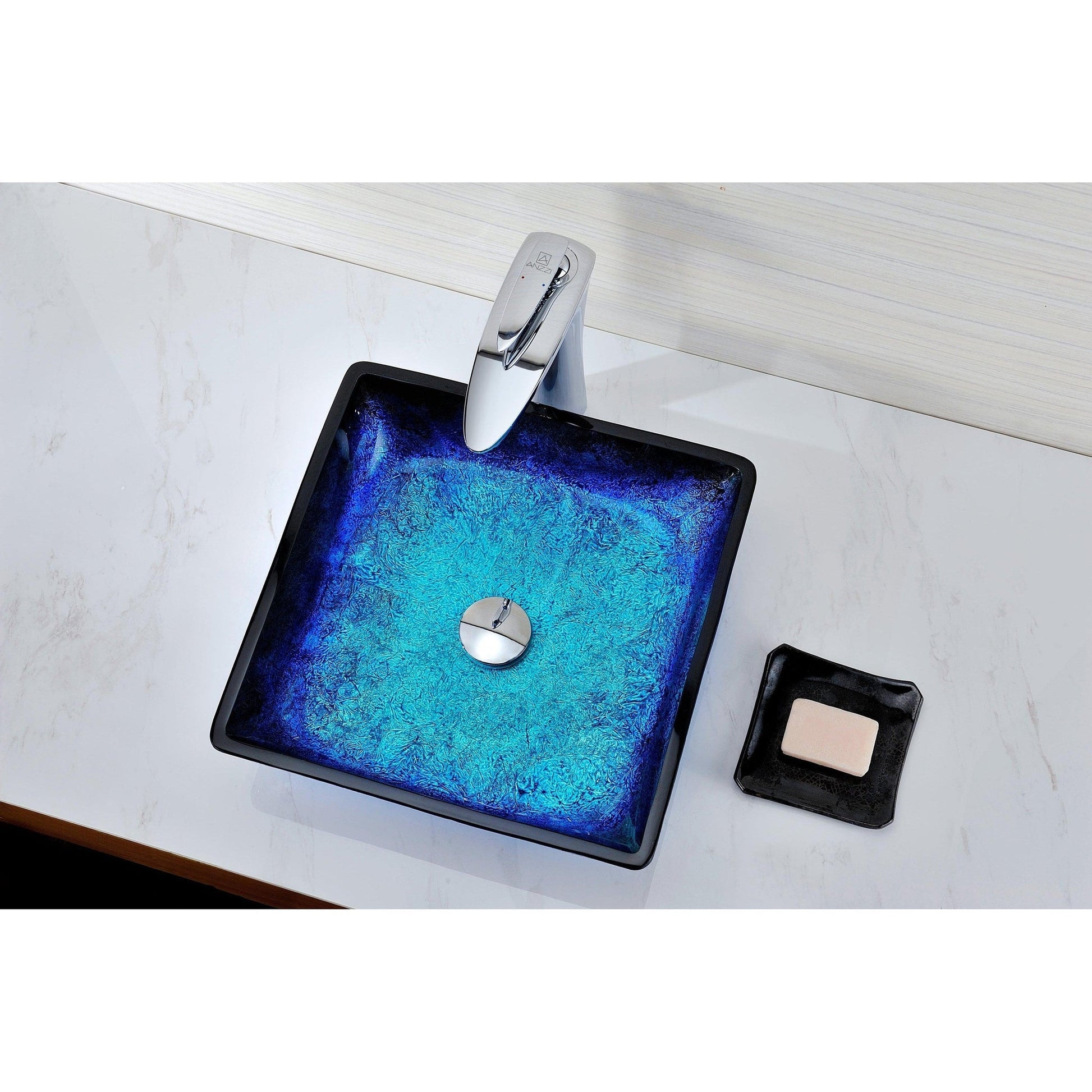 ANZZI Kuku Series 16" x 16" Square Shape Blazing Blue Deco-Glass Vessel Sink With Polished Chrome Pop-Up Drain