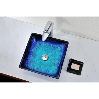 ANZZI Kuku Series 16" x 16" Square Shape Blazing Blue Deco-Glass Vessel Sink With Polished Chrome Pop-Up Drain