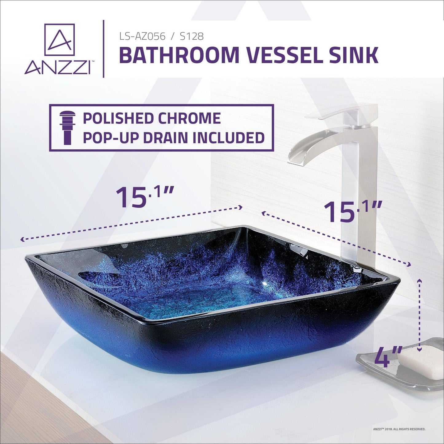 ANZZI Kuku Series 16" x 16" Square Shape Blazing Blue Deco-Glass Vessel Sink With Polished Chrome Pop-Up Drain