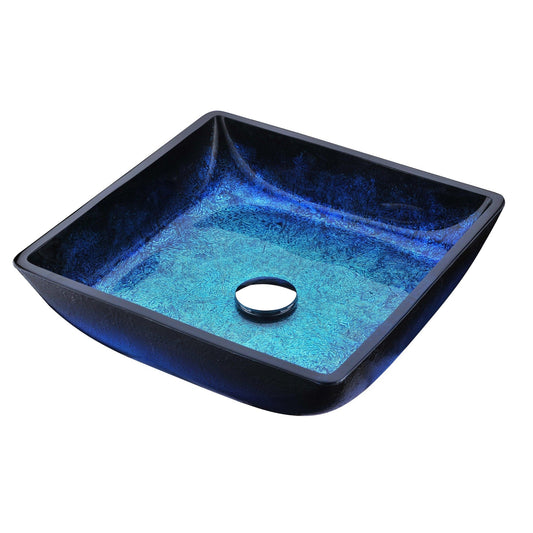 ANZZI Kuku Series 16" x 16" Square Shape Blazing Blue Deco-Glass Vessel Sink With Polished Chrome Pop-Up Drain