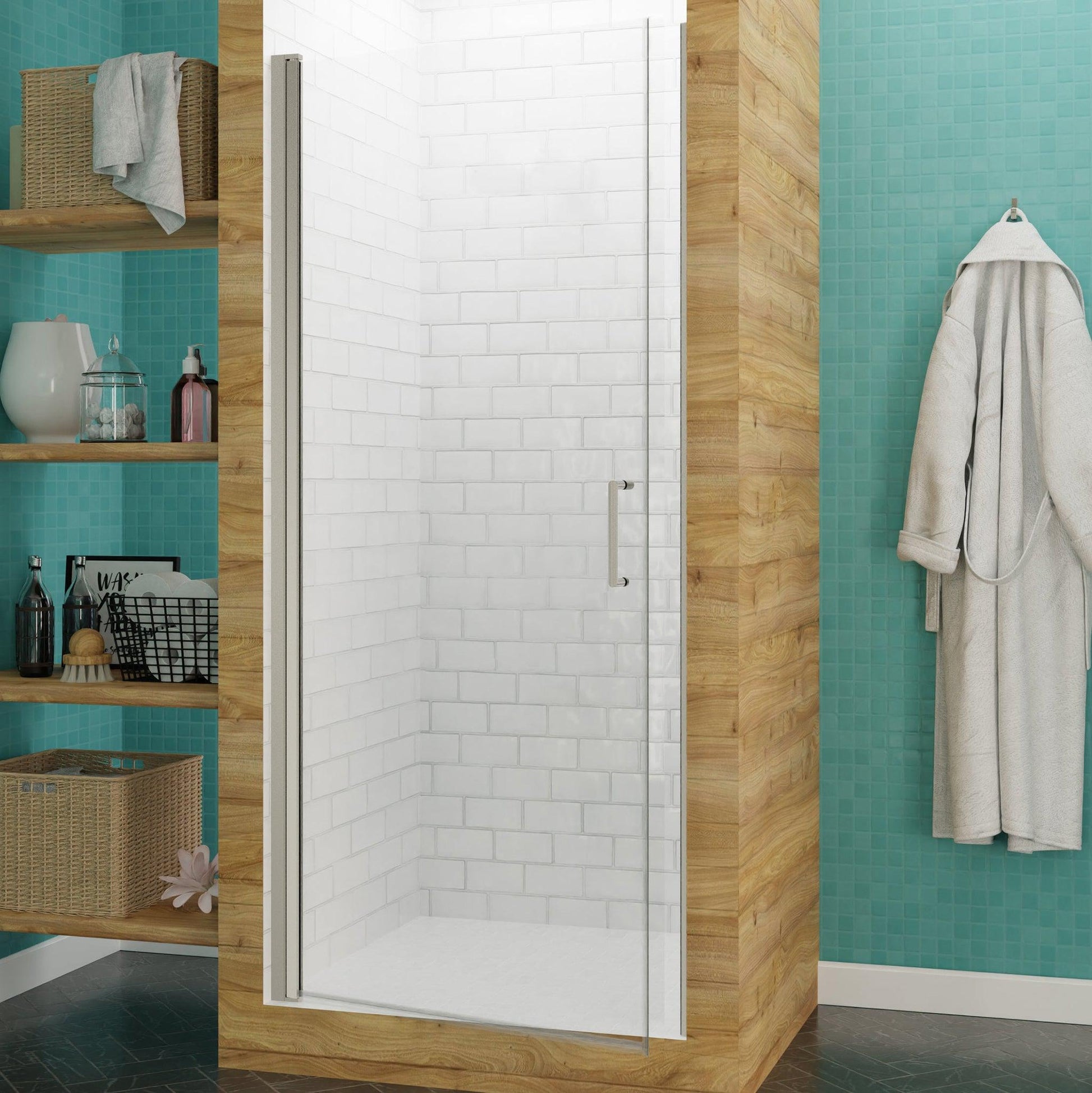 ANZZI Lancer Series 23" x 72" Semi-Frameless Rectangular Brushed Nickel Hinged Shower Door With Handle and Tsunami Guard