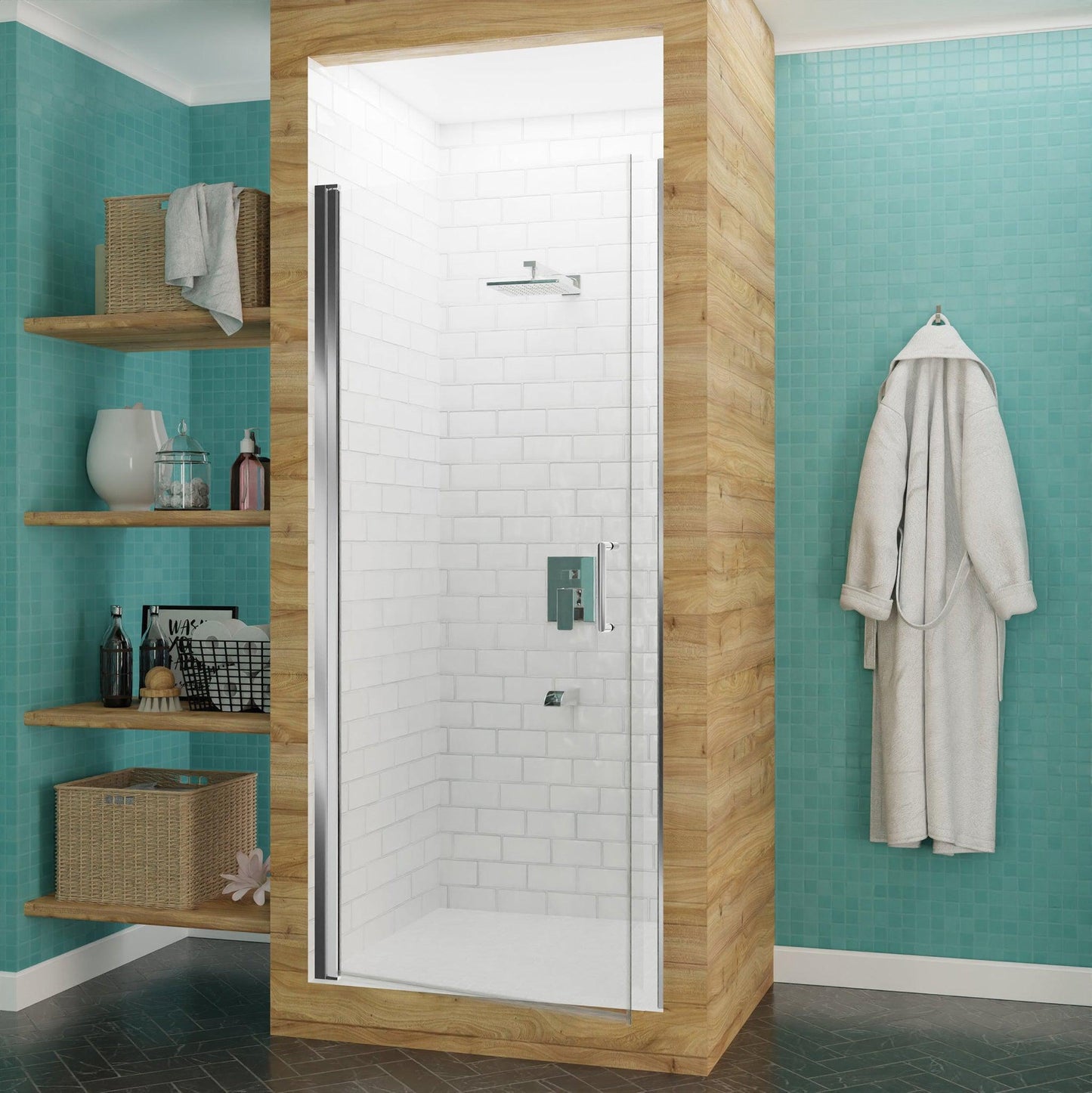 ANZZI Lancer Series 23" x 72" Semi-Frameless Rectangular Polished Chrome Hinged Shower Door With Handle and Tsunami Guard