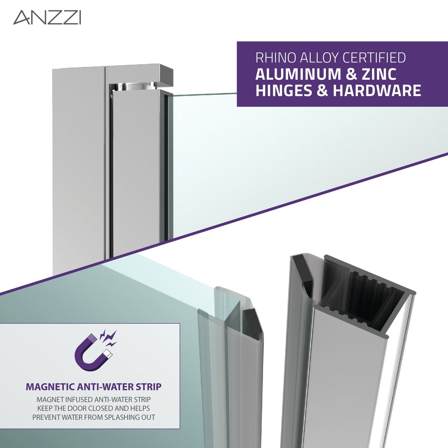 ANZZI Lancer Series 23" x 72" Semi-Frameless Rectangular Polished Chrome Hinged Shower Door With Handle and Tsunami Guard