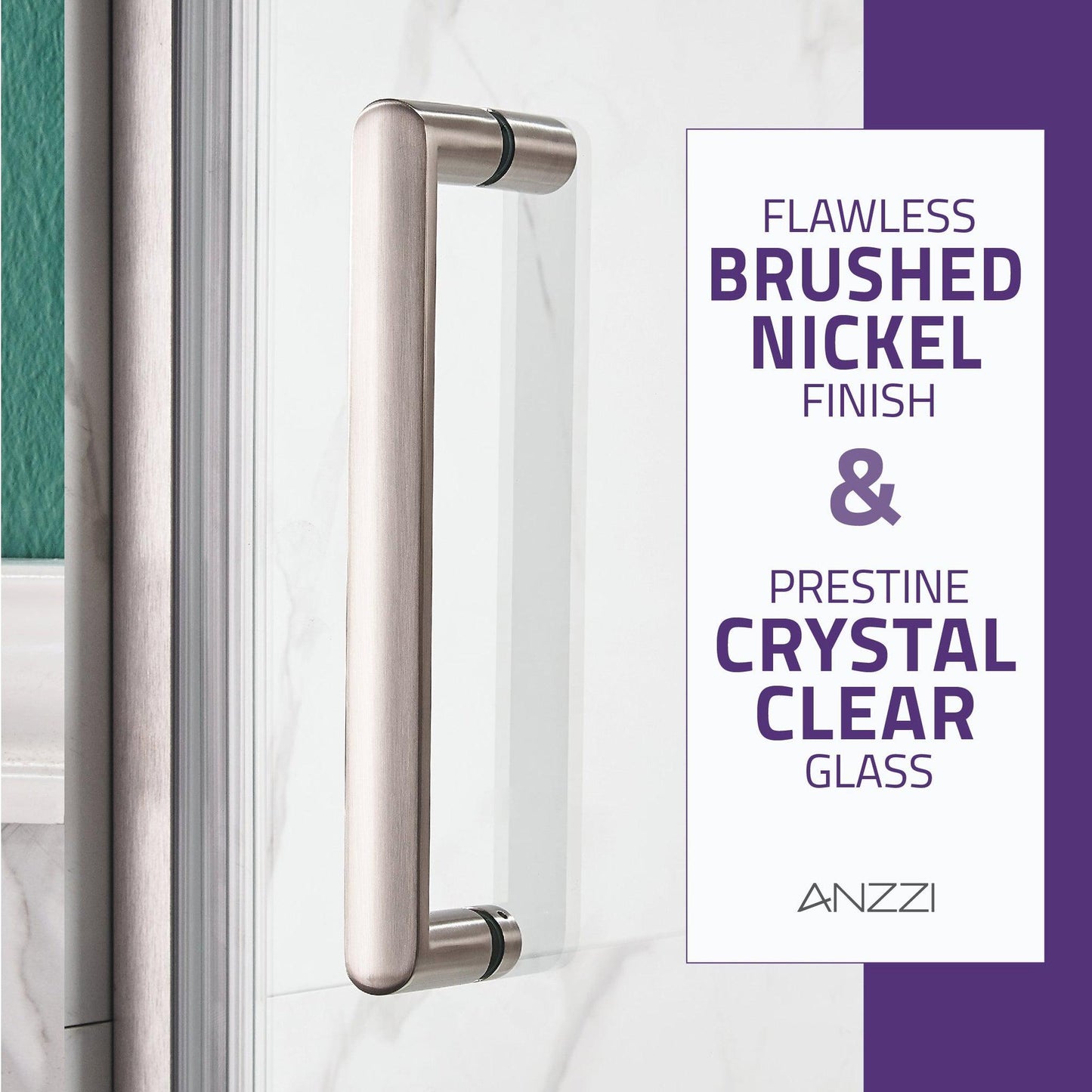 ANZZI Lancer Series 29" x 72" Semi-Frameless Rectangular Brushed Nickel Hinged Shower Door With Handle and Tsunami Guard