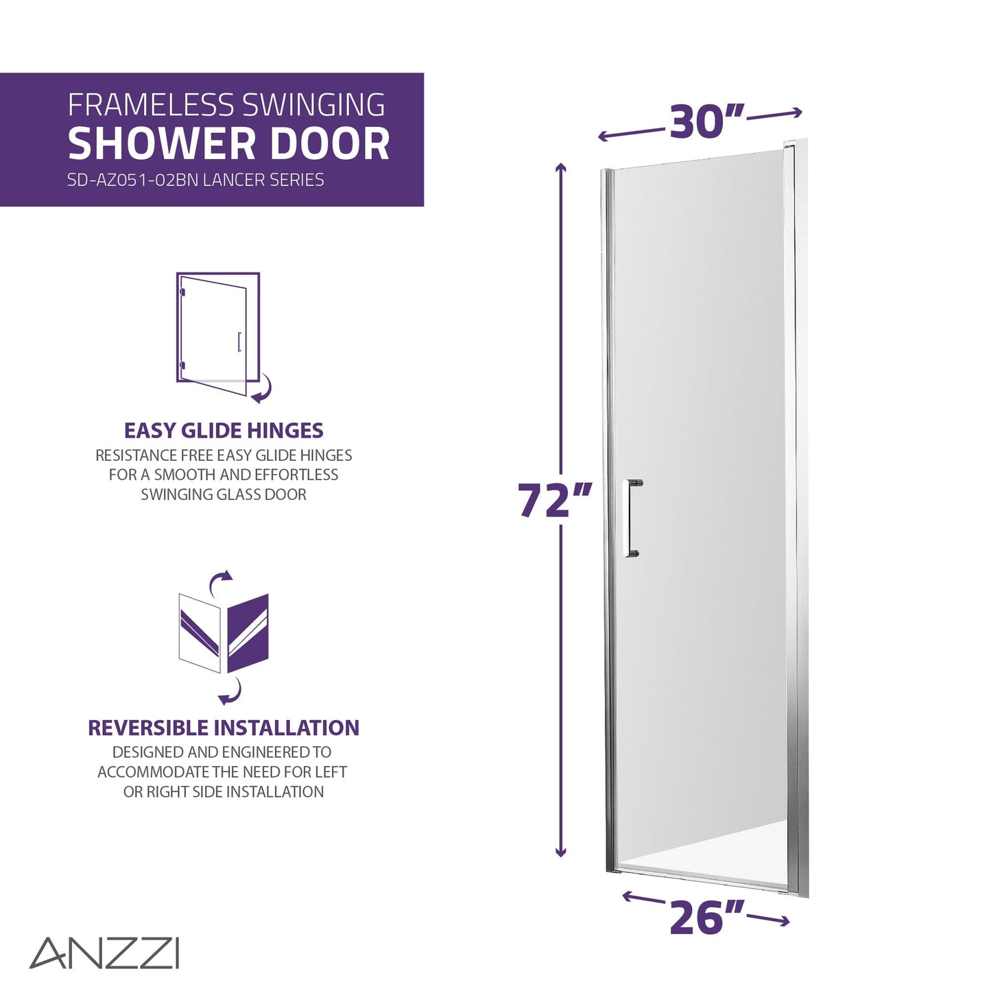 ANZZI Lancer Series 29" x 72" Semi-Frameless Rectangular Brushed Nickel Hinged Shower Door With Handle and Tsunami Guard