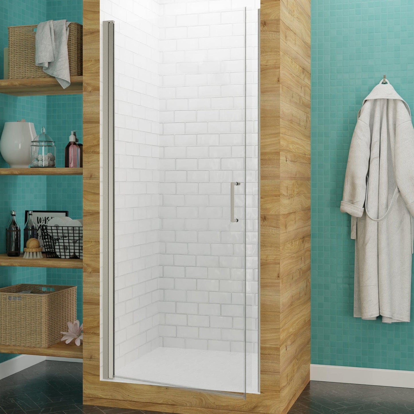 ANZZI Lancer Series 29" x 72" Semi-Frameless Rectangular Brushed Nickel Hinged Shower Door With Handle and Tsunami Guard