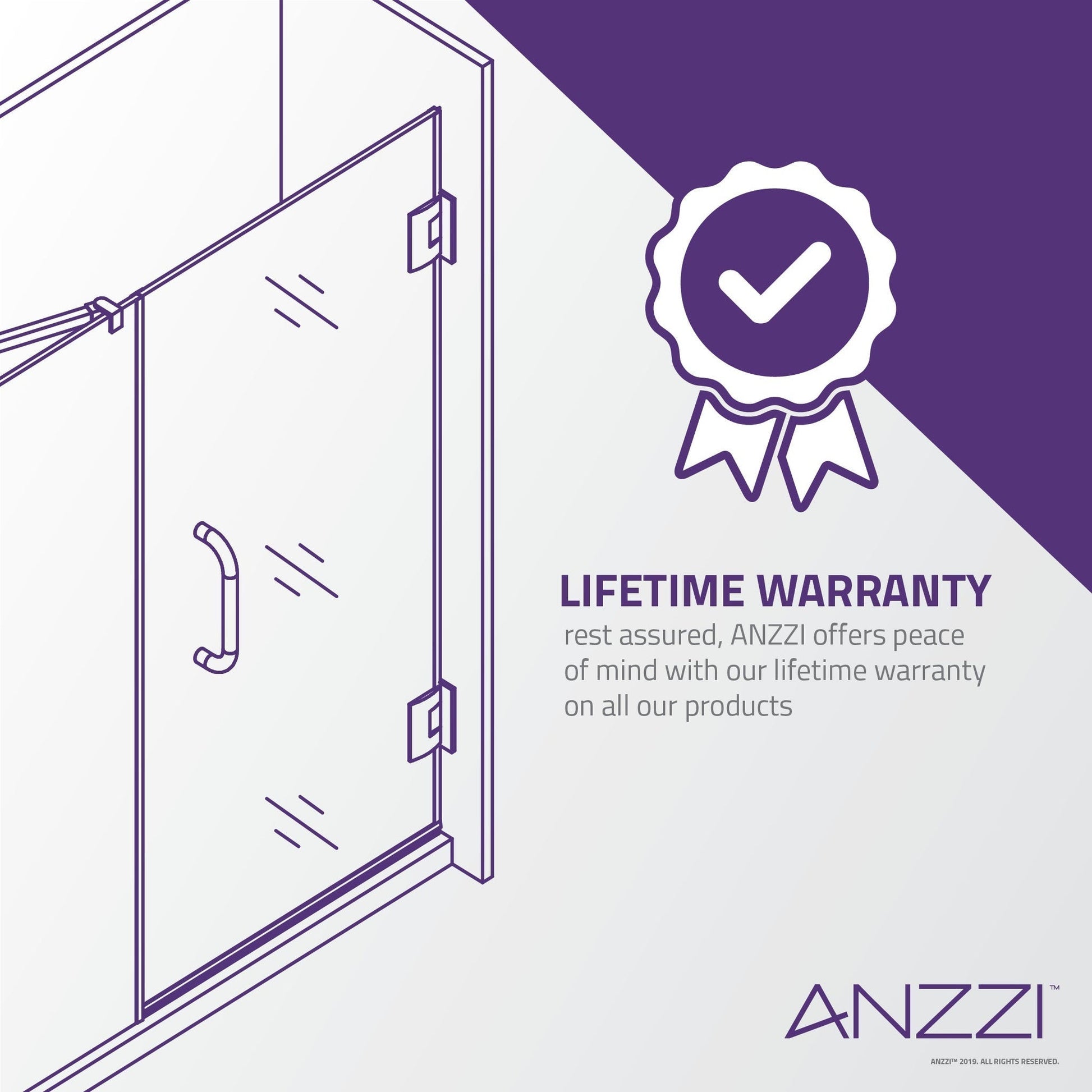 ANZZI Lancer Series 29" x 72" Semi-Frameless Rectangular Polished Chrome Hinged Shower Door With Handle and Tsunami Guard