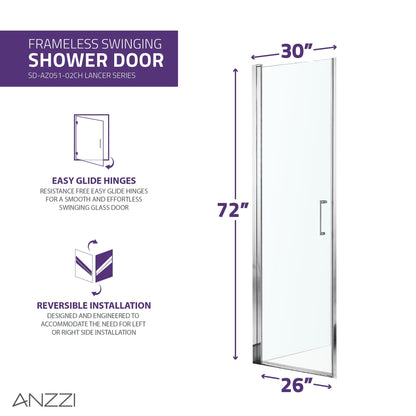 ANZZI Lancer Series 29" x 72" Semi-Frameless Rectangular Polished Chrome Hinged Shower Door With Handle and Tsunami Guard