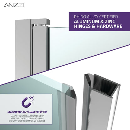 ANZZI Lancer Series 29" x 72" Semi-Frameless Rectangular Polished Chrome Hinged Shower Door With Handle and Tsunami Guard